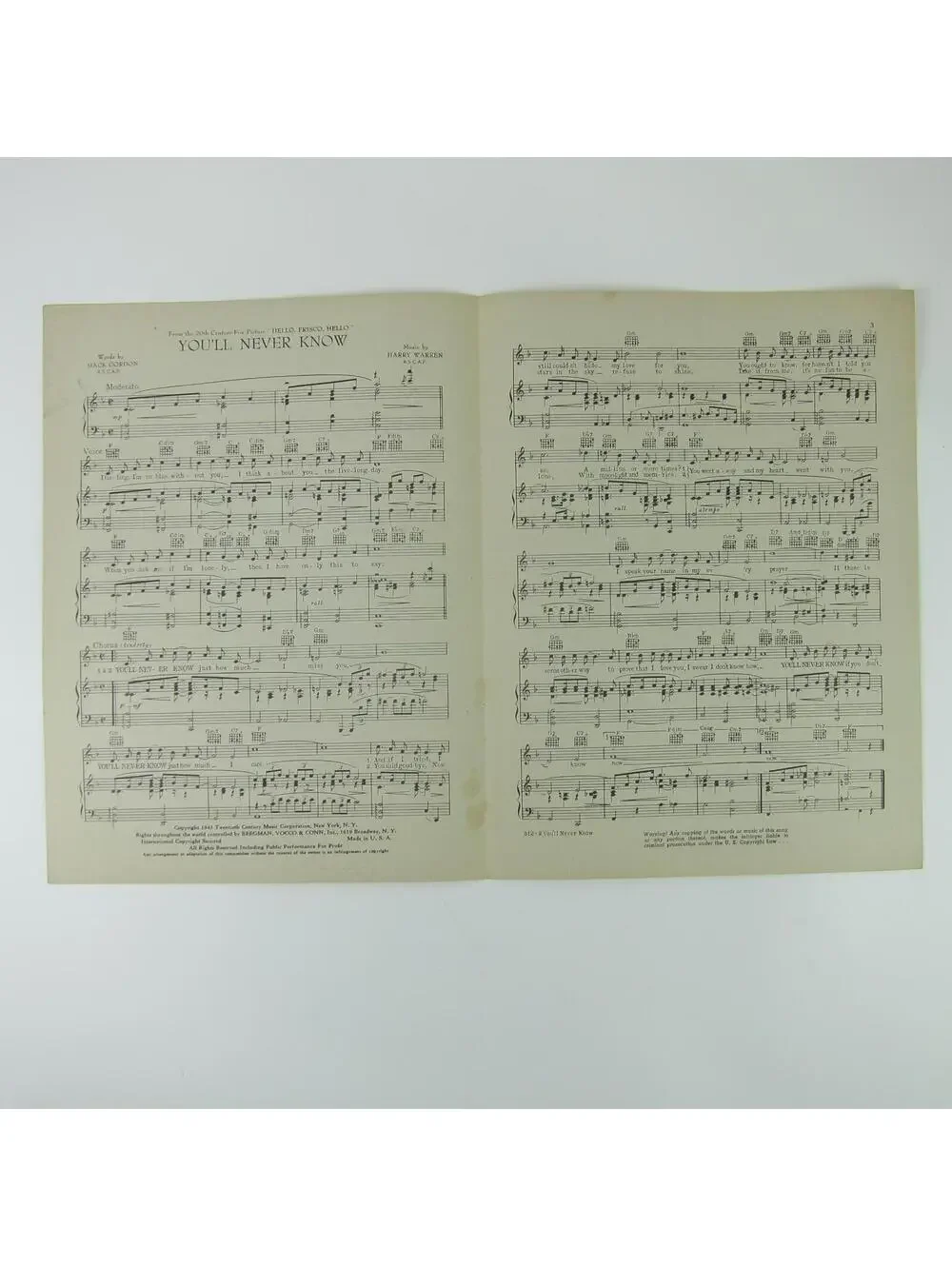 Sheet Music You'll Never Know Hello Frisco Hello Film Alice Faye Vintage 1943